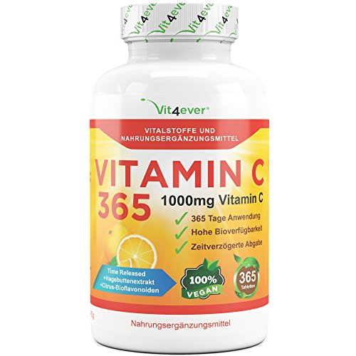 Vitamin C 1000mg, 365 Tabletten, Time Released Effekt, Vitamin C + Hagebuttenextrakt & Citrus-Bioflavonoide, vegane, hochdosiert, XXL Vorratspackung, Vit4ever