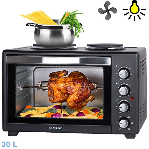 TZS First Austria - 30 Liter 3200 Watt Mini-Backofen mit Kochplatten und Krümelblech | Drehspieß und Umluft Mini Pizzaofen | Mini-Küche | Kochplatten separat bedienbar | gleichzeitig kochen und backen