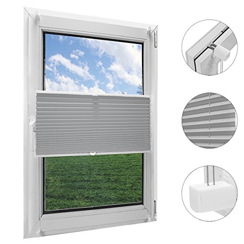 OBdeco Plissee Rollo Klemmfix ohner Bohren Faltrollo für Fenster Blickdicht Sonnenschutz Easyfix Gray 80x130cm