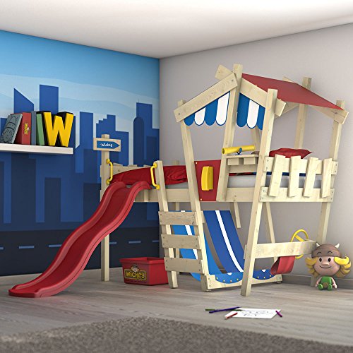 WICKEY Kinderbett mit Rutsche CrAzY Hutty Hochbett mit Dach Abenteuerbett mit Lattenboden, rot-blau + rote Rutsche