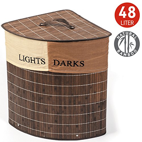 Tatkraft Monaco Wäschekörbe EckWäschekörbe mit zwei Fächern mit Stoff Innensack 48L Bambus  Maß 35X35X50H cm