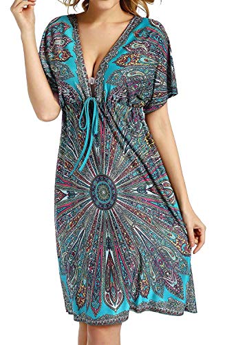 Avacoo Damen Strandkleider V Ausschnitt Blumen Sommerkleid Midi Kleid Pareos Marokko Grün