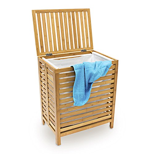 Relaxdays Wäschetruhe Holz H x B x T 60 x 50,5 x 35,5 cm Bambus Wäschebox mit einem Fassungsvolumen von 100 Litern als Wäschesammler mit luftdurchlässigem Deckel und herausnehmbaren Wäschesack, natur