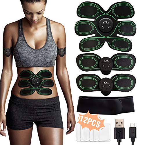 HONITURE Trainingsgerät Bauchtrainer Muskelstimulator für Arm Bauch Beine Bizeps Trizeps, Herren Damen EMS Bauchmuskeltrainer 8 Modi & 10 Funktionen, 12PCS Gel Pad, Grün,