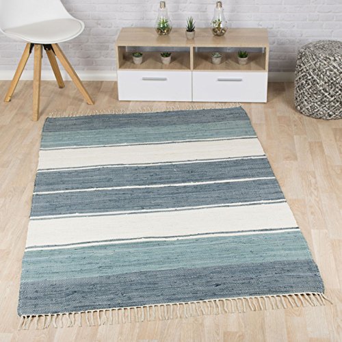 Taracarpet Flachweb-Baumwollteppich handgewebter handweb-Teppich Fleckerl Amrum aus 100% Baumwolle -auch bekannt als Dhurry oder Flickenteppich gestreift blau 120x180 cm