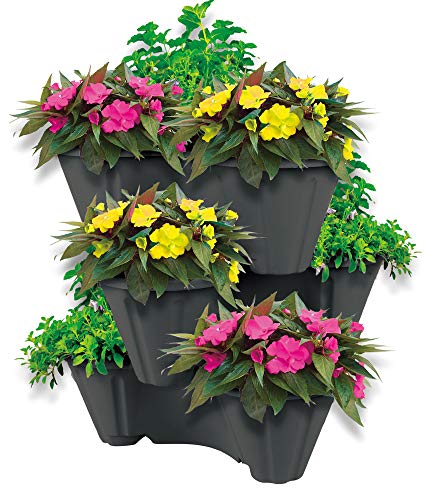 UPP Pflanzturm mit stapelbaren Pflanzöpfen | Vertikaler Garten mit 3 Etagen | Platzsparend für bis zu 9 Pflanzen & Kräuter [Anthrazit]