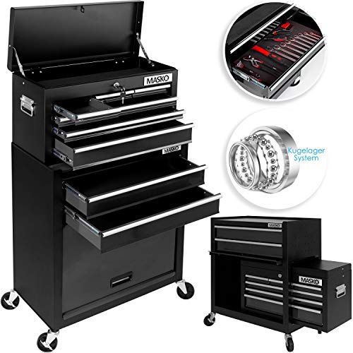 MASKO Werkstattwagen inkl. Koffer - 9 Fächer Schwarz  Abschließbar  Massives Metall | Mobiler Werkzeug-Wagen ohne Werkzeug | Profi Werkstatt-Wagen | Rollwagen zur Werkzeugaufbewahrung mit Schloss