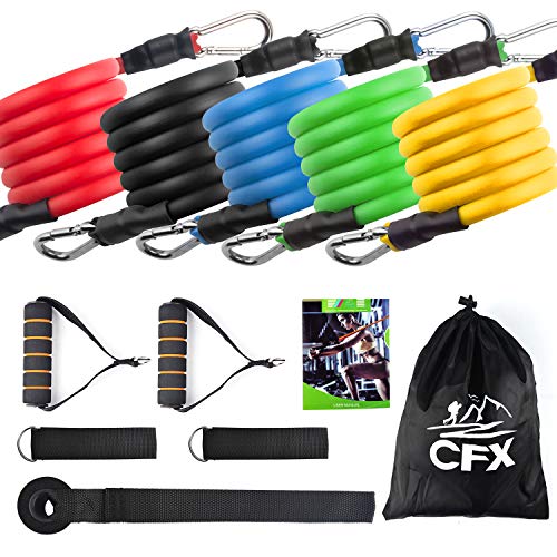 CFX Resistance Bands Widerstandsband Set,Expander Bänder Band Tubes Fitnessbänder-Set mit 5 Fitnessgummi Schläuchen 2 x Griffen 1 x Türrahmenbefestigung 2 x Fußbefestigung 1 x Aufbewahrungsbeutel