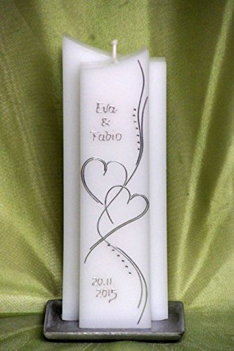 edle Hochzeitskerze  mit Steinen - in Sonderform -Silber- ; inkl. Beschriftung ! I-13