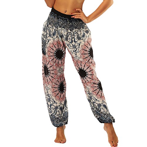 Nuofengkudu Frau Hippie Harems Hose Pumphose Haremshose Aladdinhosen Blumenmuster Gemustert Gesmockte Taille mit Taschen Yogahose Sommerhose Strandhose