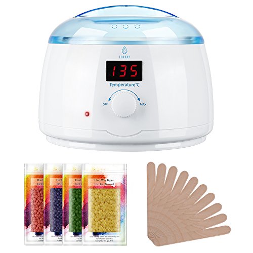 Lavany Wachs Haarentfernung Wachswärmer mit 400ml Flüssiges Wachs Kessel, 4 Beuteln 100 g Wachsperlen, 10 Holzspateln; Temperaturen von 30-135 °C mit LCD-Temperaturanzeige, Weiß