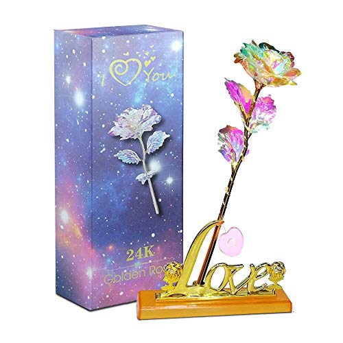 Aokebeey Rose Konservierte Blumen, 24K Galaxy Rose mit Licht und Präsentationsständer,kreative Geschenk für Hochzeit Vorschlag Verlobung Geburtstag Muttertag Jubiläum