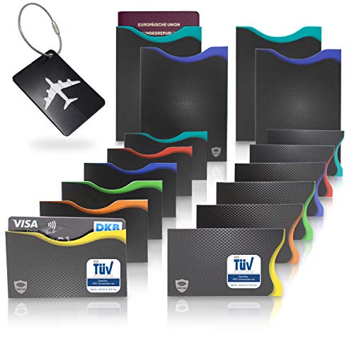 Amazy RFID & NFC Schutzhüllen (16 Stück) inkl. Kofferanhänger – TÜV-geprüft – 100% Schutz vor Identitäts- und Datendiebstahl – Extra-robuste Hüllen für Kreditkarten, EC-Karten, Ausweise und Reisepass