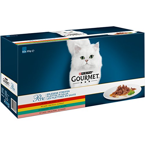 Purina Gourmet Perle Erlesene Streifen mit Huhn, Rind, Lachs und Kaninchen, Hochwertiges Nassfutter für Katzen (60 x 85g Portionsbeutel)