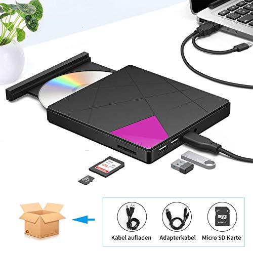 Externes CD DVD Laufwerk, Cocopa Tragbarer Typ-C USB 3.0 Slim CD DVD RW Brenner SD Karte Reader Super Laufwerk Hohe Datenübertragung für Laptop, Desktop Mac, iOS, Windows 10/8/7 / XP/Linux