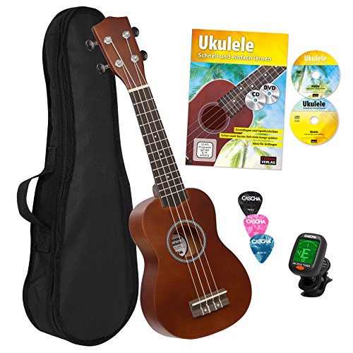 CASCHA HH 3956 DE Sopran Ukulele Bundle mit Schule, Stimmgerät, Tasche, 3 Picks und Aquila Qualitäts-Saiten
