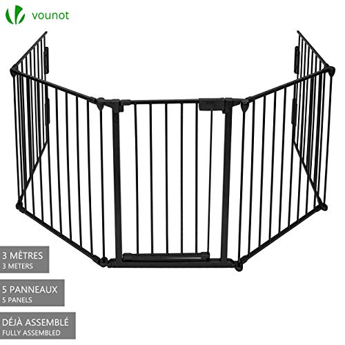 VOUNOT Kaminschutzgitter Metall, 5 Elemente inkl. Sicherheitstür, Konfigurationsgitter faltbar, 300 x 75 cm, Schwarz