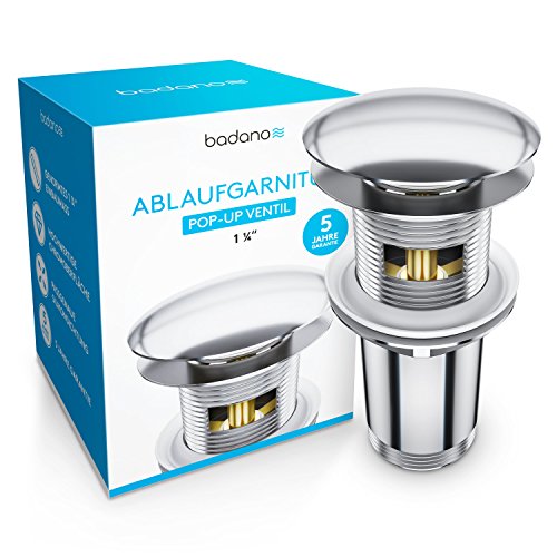 Badano Universal Ablaufgarnitur mit Überlauf für Waschbecken & Waschtisch - Chrom Pop Up Ventil – Ablaufventil, Abflussgarnitur aus Messing - Werkzeugloser Einbau mit Anleitung - 5 Jahre Garantie