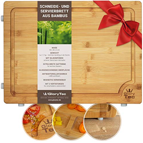 Glorytec Schneidebrett aus Bambus - XL Küchenbrett 40 x 30 x 2cm - beidseitig verwendbar & klingenschonend - mit Silikonfüßen und extra Breiten Saftrinne