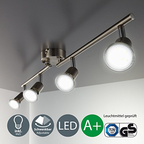 LED Deckenleuchte Schwenkbar Inkl. 4 x 3W Leuchtmittel GU10 IP20 LED Strahler LED Deckenlampe LED Spots Deckenleuchte Wohnzimmerlampe Deckenspot LED Deckenstrahler Lampe Warmweiss Metall Matt Nick 4 x 250lm 4 Flammig Drehbar