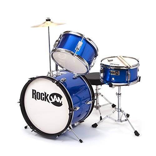 RockJam RJ-103MB 3-Teile Junior Schlagzeug-Satz mit Crash-Becken (Trommelstecken, einstellbarer Thron, Zubehör) blau