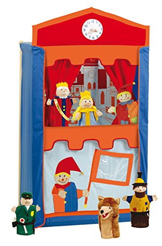 roba 6972 Kasperletheater, Puppentheater inkl. 6 Handpuppen, Kaspertheater aus Massivholz, freistehend mit Stoffbespannung und Vorhang