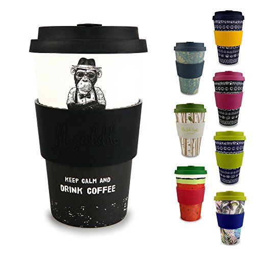 Morgenheld  Dein trendiger Bambusbecher | umweltfreundlicher Coffee-to-Go-Becher | nachhaltiger Kaffeebecher mit Silikondeckel und Banderole in coolem Design 400 ml Füllmenge (Monkey)