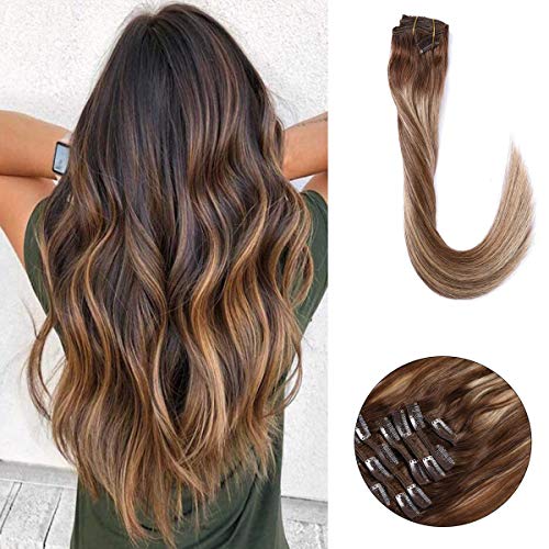 Clip in Haarverlängerung Remy Menschenhaar 8A Brasilianisches Haar 120g 100% Menschenhaar #(4T27)P4 Mittelbraun mit honigblonden Highlights Dip Dyed Ombre Balayage Extension Clip in Extensions 16Zoll