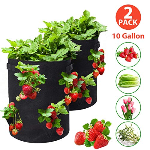 Tvird Erdbeere Pflanzsack, Pflanzen Tasche Grow Tasche Pflanzbeutel mit Griffe 8 seitliche Wachstumstaschen, dauerhaft AtmungsaktivBeutel Pflanzsack für Erdbeeren,2 Pack 10 Gallon