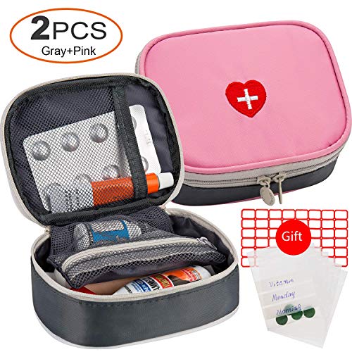 2 stücke Tragbare Mini Erste-Hilfe Sets, Multifunktions Reise Medizin Verbandtasche Aufbewahrungstasche Notfall Kit für Outdoor Sports Home Camping Wandern - Nur Leere Medizin Beutel (Pink + Gray)