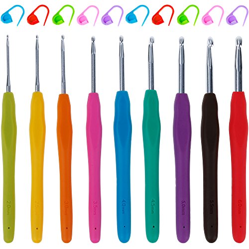 Anpro 9 Häkelnadel Häkelnadeln set mit 10 Stück Stricken Häkeln hochwertigen Aluminium Häkelhaken Nadeln mit bunten weichen Gummi Griff