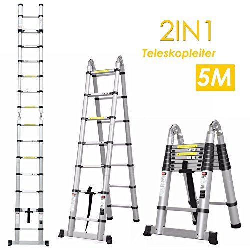 FIXKIT 5M Alu Teleskopleiter Klappleiter ausziehbare Leiter Teleskop-Design 150 kg Belastbarkeit