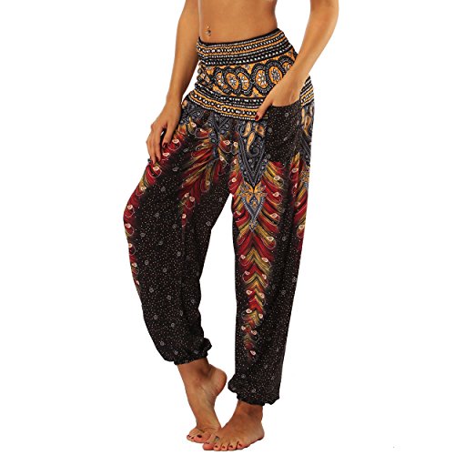 Nuofengkudu Frau Hippie Harems Hose Pumphose Haremshose Aladdinhosen Boho Gemustert Gesmockte Taille mit Taschen Yogahose Freizeithose Sommerhose Strandhose
