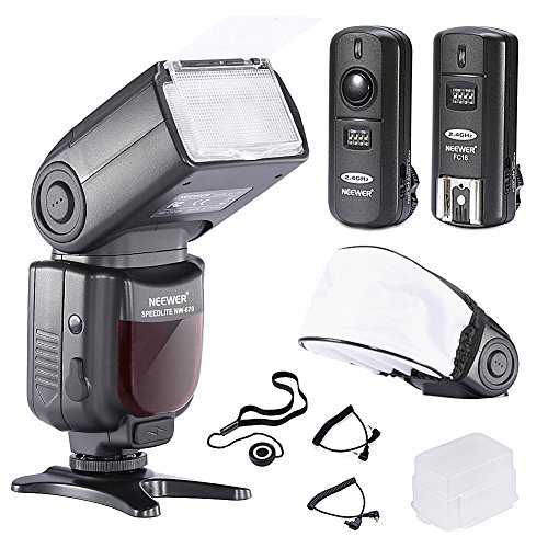 Neewer NW-670 TTL Flash Blitzgerät mit LCD Anzeige Set für Canon DSLR Kameras, beinhaltet: (1)NW-670 Blitz,(1)2,4GHz Wireless Auslöser mit C1/C3 Kabel,(1)Soft/Hard Diffuser + (1)Objektiv Kappen Halter