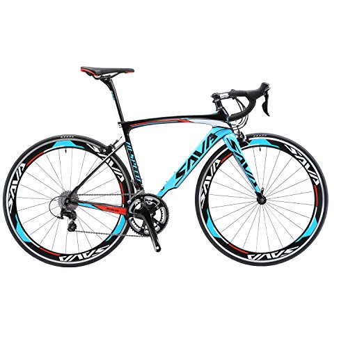 SAVADECK Rennrad, Warwind3.0 700C Carbon Rahmen Fahrrad mit Shimano SORA 18-Fach Kettenschaltung und Doppel-V-Bremse (Blau, 54cm)