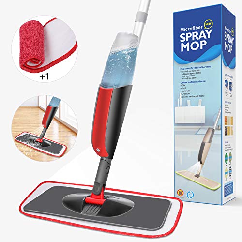 Aiglam Sprühwischer, Bodenwischer mit Sprühfunktion für schnelle Reinigung, Spray Mop mit Sprühdüse, Wischer mit Wassertank und 2-Mikrofaserbezug (Grau & Rot, 300ml)