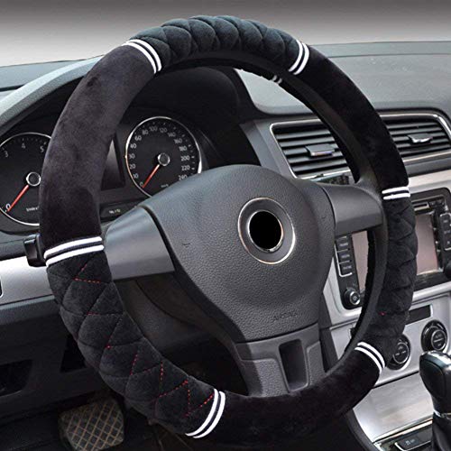 Universal Auto Lenkradhülle - BauZeit Plüsch Lammfell Leder Lenkradbezug 15 Zoll/37-38cm Anti Rutsch Lenkradabdeckung Atmungsaktiv Winter Lenkradschutz Warm Lenkradschoner für Damen & Herren,Schwarz