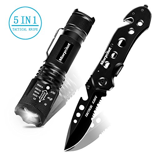 Klappmesser & Taschenlampe, Morpilot 5 in 1 Taschenmesser Messer, Lampe mit 5 Licht Modi, 400lm, IPX4 Wasserfest, Klinge aus Edelstahl, für Freizeit, Camping, Wandern und Notfälle