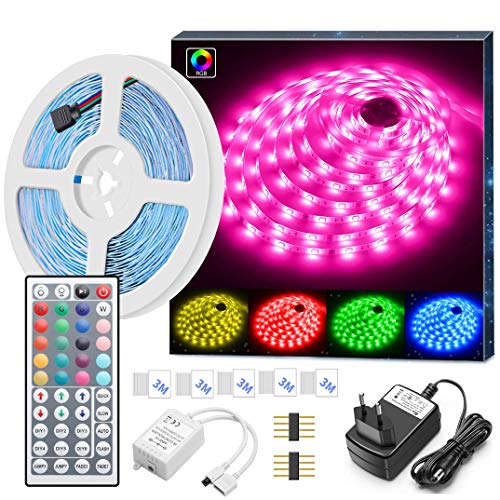 MINGER LED Strip Lichtband, 5M LED Streifen RGB SMD 5050 LEDs Band Beleuchtung, Farbwechsel LED Leiste Lichterkette mit IR Fernbedienung und Netzteil für von Haus, Küche, Weihnachtsdekoration