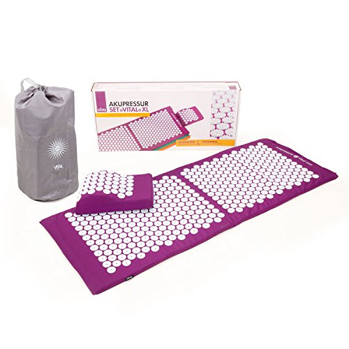 Akupressur-Set VITAL XL (aubergine): Akupressurmatte (130 x 50cm) & Akupressurkissen im günstigen Set, vitalisierende Matte für den Rücken und Kissen für den Nacken, wohltuende Entspannungsmatte & Kissen