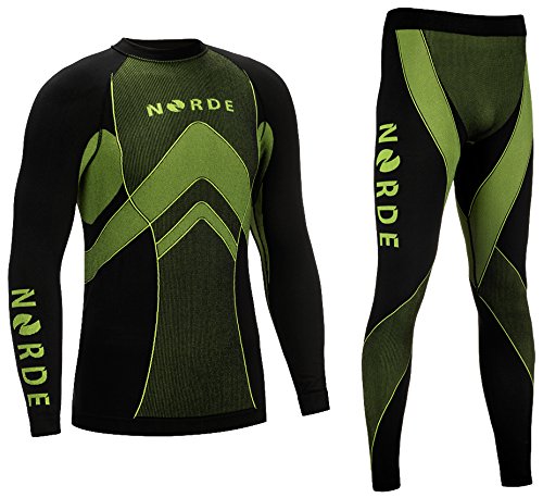 THERMOTECH NORDE Herren Funktionswäsche Thermoaktiv Atmungsaktiv Base Layer SET Outdoor Radsport Running (Schwarz/Lime, S)