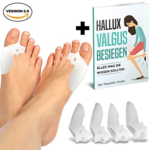 4 x Verbesserte Hallux Valgus Zehenspreizer mit einstellbarer Zehenspreizwirkung | +Exklusiver Ratgeber +Zufriedenheitsgarantie | 2 x effektiver durch extra Zehenschlaufe | BPA FREI