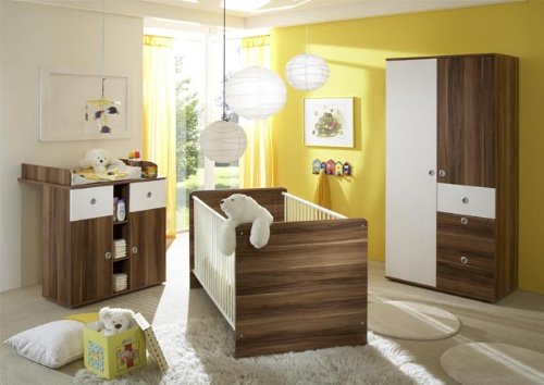 Babymöbel Set 731 in Weiß/Walnuss-Dekor komplett 3teilig Bett/Kommode/Schrank 'WikiK'