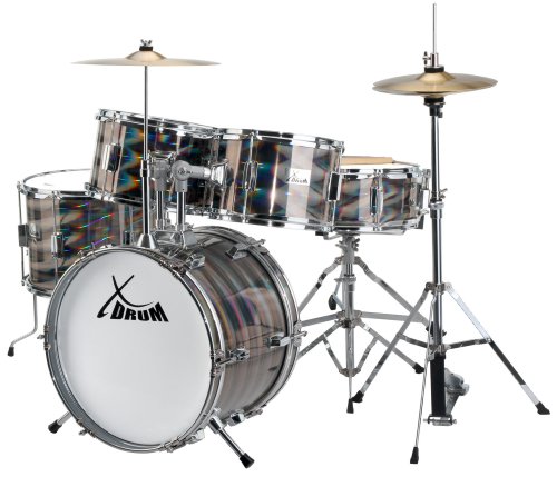 XDrum Junior Pro Kinder Schlagzeug Drumset (geeignet von 5-9 Jahren, mit viel Zubehör, Schule, DVD) Laser Silver