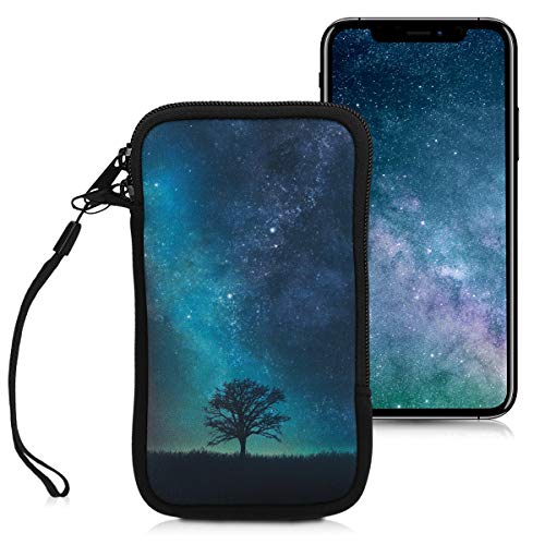 kwmobile Handytasche für Smartphones L - 6,5' - Neopren Handy Tasche Hülle Cover Case Schutzhülle - Galaxie Baum Wiese Design Blau Grau Schwarz - 16,2 x 8,3 cm Innenmaße