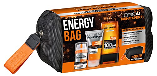 L'Oreal Men Expert Energy Bag Geschenkset, für Männer, gratis Kulturtasche, 24H Feuchtigkeitspflege (50 ml), Waschgel (150 ml) und Hydra Energy Duschgel (300 ml)