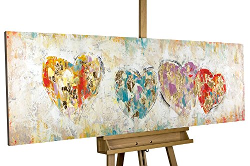 KunstLoft Gemälde 'Color My Heart' in 150x50cm | XXL Leinwandbild handgemalt | Bunte Herzen auf Beige | signiertes Wandbild-Unikat | Acrylgemälde auf Leinwand | Modernes Kunstbild | Sehr großes Acrylbild auf Keilrahmen