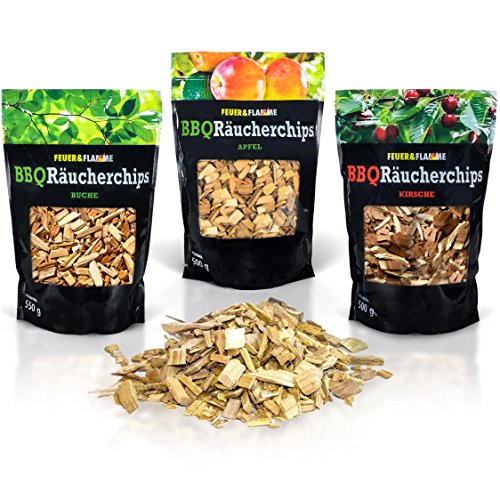 BBQ Räucherchips Mix für tolles Raucharoma beim Grillen - 100% natürliches Smoker-Holz | Ergiebige und sparsame wood chips (Apfel, Buche & Kirsche) für Stand- und Kugel-Grill sowie Smoker | 3 x 500g