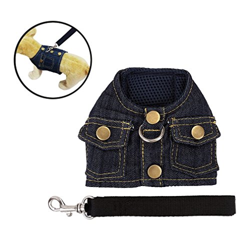 Mogoko Haustier Hund Verstellbar Jeans Harness Hundegeschirr Welpengeschirr Softgeschirr Brustgeschirr mit Leine Set für Kleine Hunde (M, Schwarz)