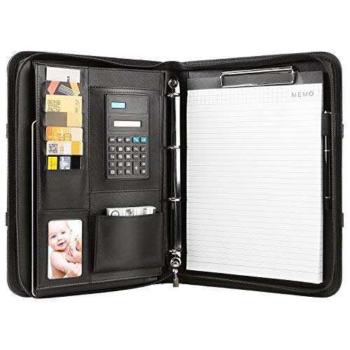 MVPOWER Konferenzmappe A4 Schreibmappe mit Reissverschluss aus PU-Leder inkl. Ringbuch Schreibblock Rechner und Stift 25x34x4.2cm schwarz